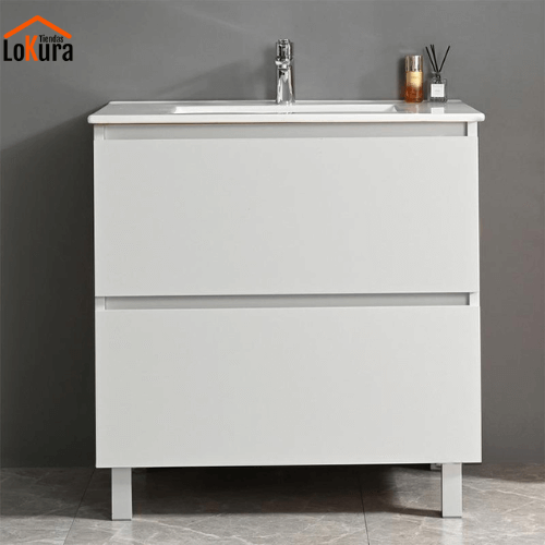 Gabinete baño lavabo con dos cajones amplios, patas de aluminio y acabado en melamina blanca