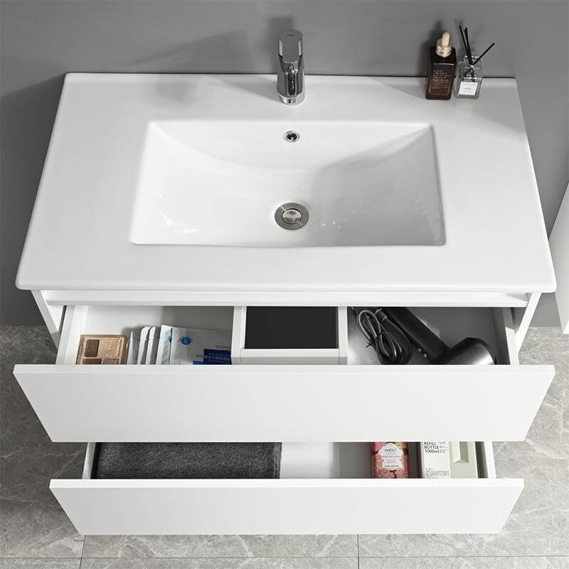 Gabinete baño lavabo, Detalle de los cajones de la Serie Estela con cierre amortiguado