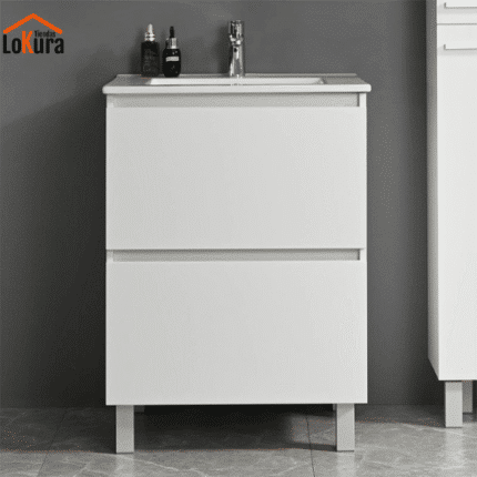 Gabinete baño lavaba cerámico, diseño moderno y cajones sin tiradores en blanco