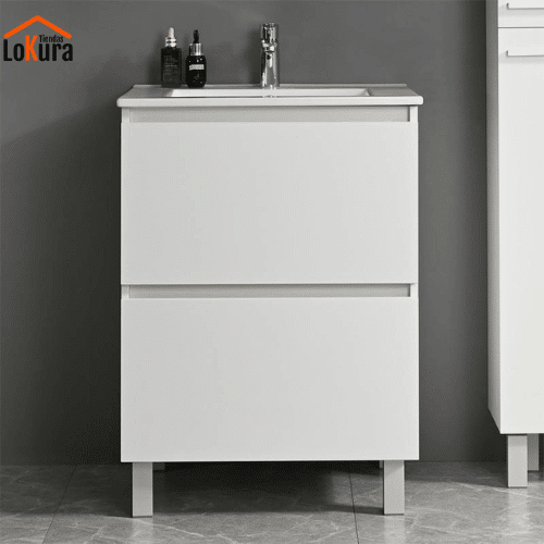 Gabinete baño lavaba cerámico, diseño moderno y cajones sin tiradores en blanco