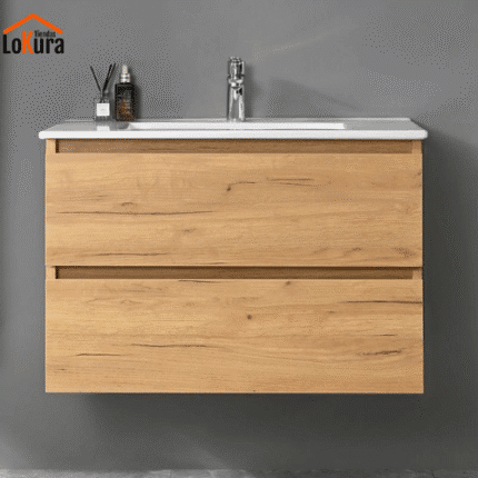 Gabinete de baño de madera color roble con lavabo cerámico blanco y dos cajones con