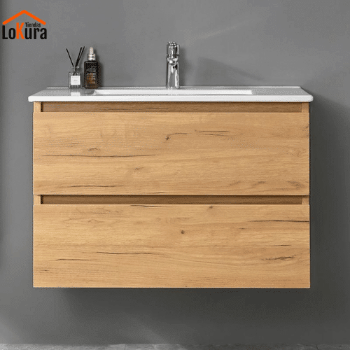 Gabinete de baño de madera color roble con lavabo cerámico blanco y dos cajones con