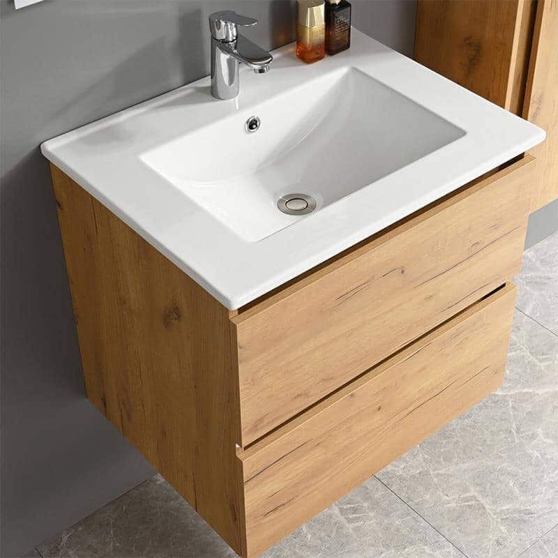 Gabinete suspendido con lavabo cerámico blanco y diseño moderno ideal para baños pequeños o grandes