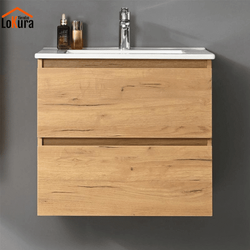 Gabinete de baño de madera en color roble con tiradores tipo uñero y cajones de cierre suave