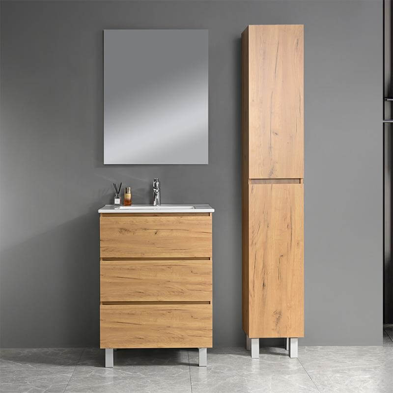 Gabinete para baño con lavabo de 60x46x85 cm, con tres cajones de cierre suave y patas de aluminio.