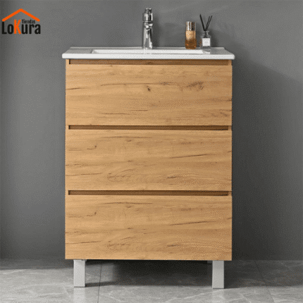 Gabinete para baño con lavabo cerámico, diseño compacto de 60x46x85 cm, acabado en roble Nodi