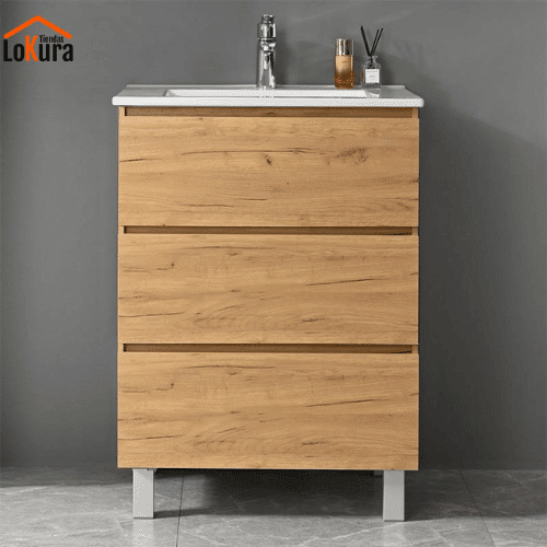 Gabinete para baño con lavabo cerámico, diseño compacto de 60x46x85 cm, acabado en roble Nodi