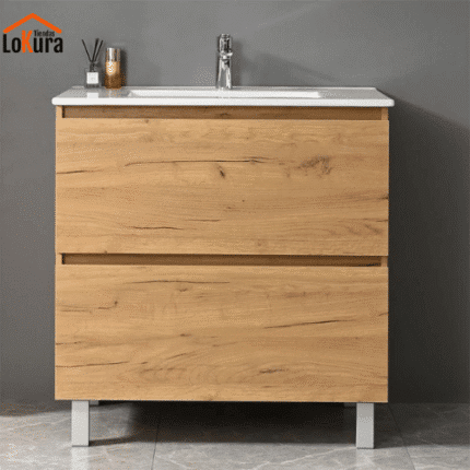 Lavamanos con gabinete color roble nodi con dos cajones y patas de aluminio