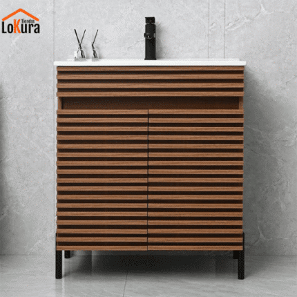 Mueble baño nogal de 80 cm de ancho, 2 puertas y lavabo cerámico
