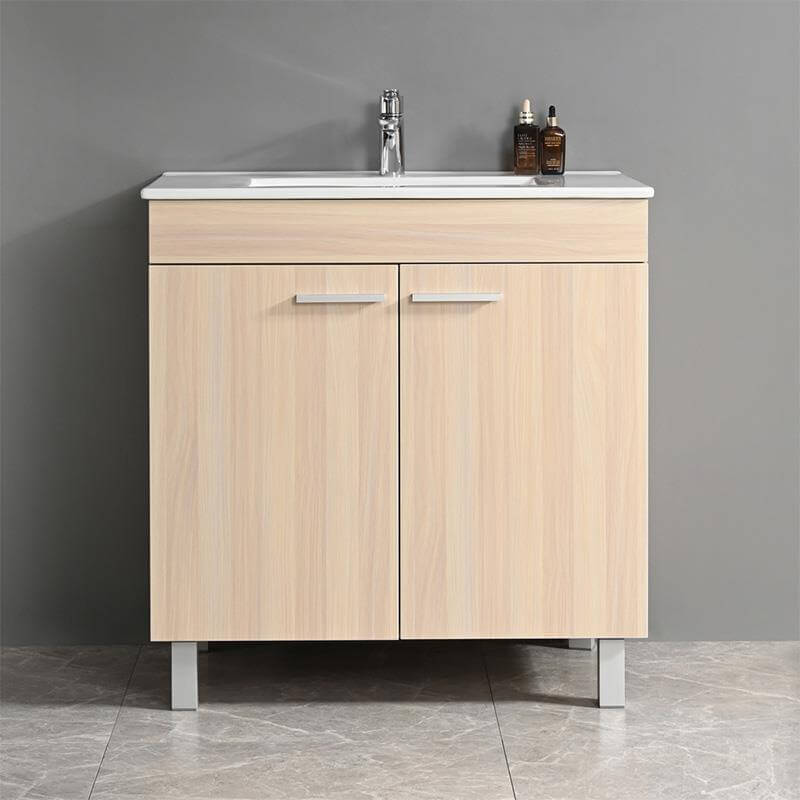Mueble de baño 2 puertas en melamina color haya, con amplio almacenamiento y patas resistentes de aluminio