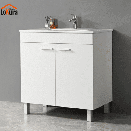 Mueble de baño 2 puertas en color blanco, con lavabo cerámico, patas de aluminio y diseño compacto de 80x46x85 cm