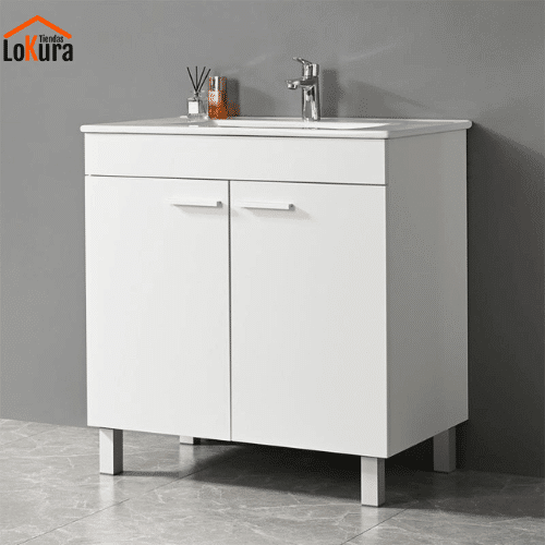 Mueble de baño 2 puertas en color blanco, con lavabo cerámico, patas de aluminio y diseño compacto de 80x46x85 cm
