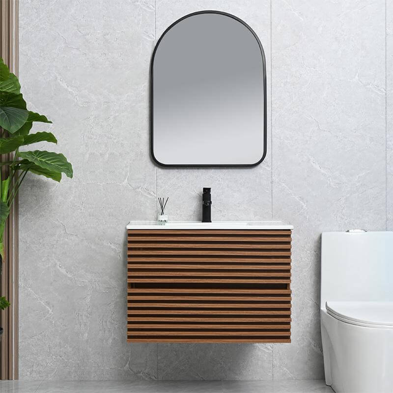 Mueble de baño suspendido madera con dos cajones de cierre suave y lavabo cerámico integrado, dimensiones 80x46x54 cm