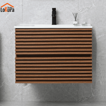 Mueble de baño suspendido madera natural con lavabo cerámico y cajones sin tiradores
