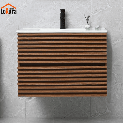 Mueble de baño suspendido madera natural con lavabo cerámico y cajones sin tiradores