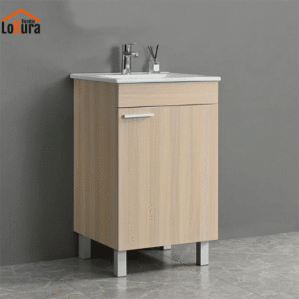 Mueble lavabo baño color haya con cajón de almacenamiento y superficie en melamina, diseñado para espacios reducidos