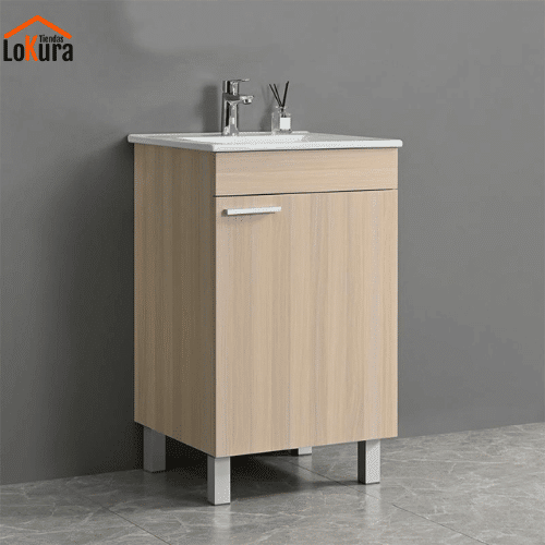 Mueble lavabo baño color haya con cajón de almacenamiento y superficie en melamina, diseñado para espacios reducidos