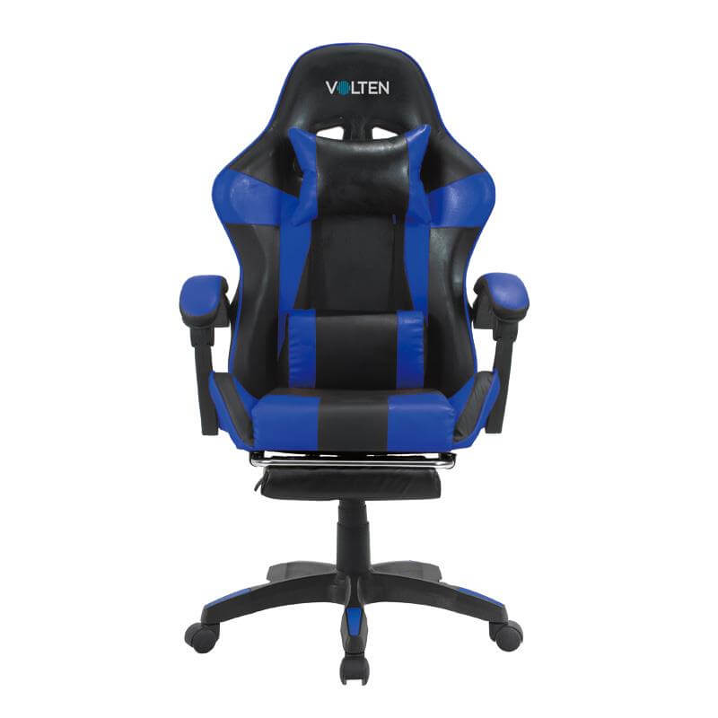 Vista frontal de la silla gaming en PU negro y azul, con reposabrazos ajustables, asiento acolchado y base de ruedas de nylon