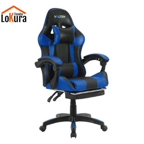 silla gaming reposabrazos ajustable en color negro y azul con reposapiés integrado, altura regulable y ruedas de nylon