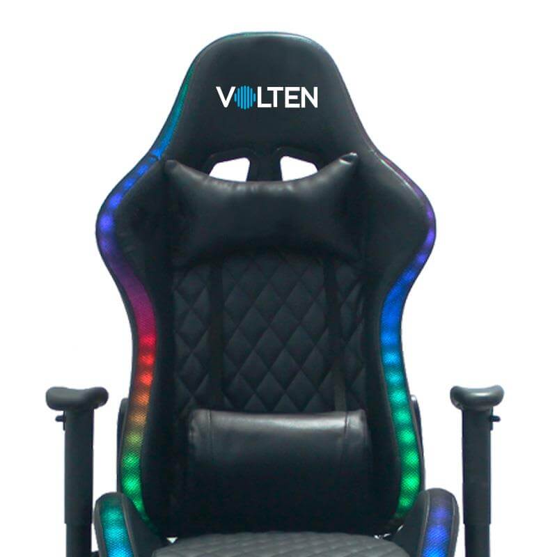 Detalle frontal de la Silla RGB Gamer en acabado negro, resaltando su diseño moderno y materiales duraderos