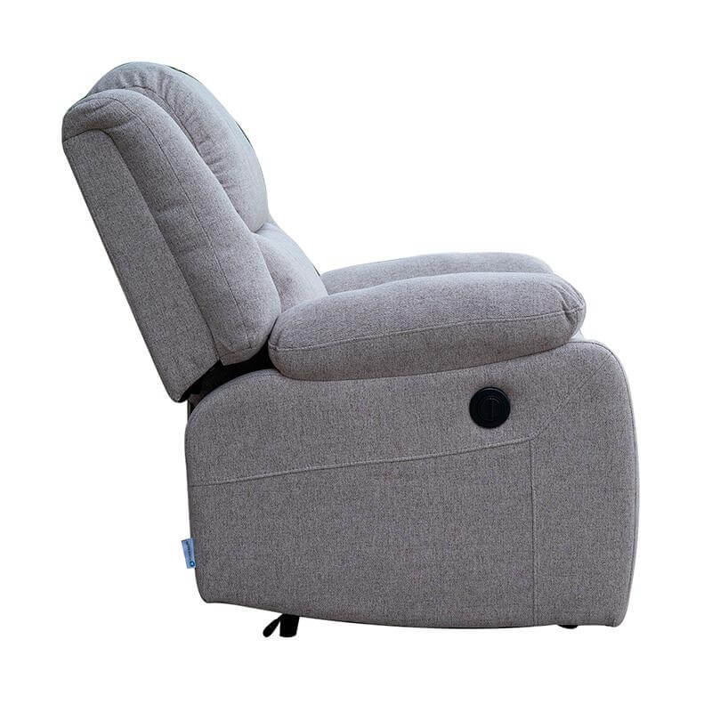Vista lateral del sillón reclinable eléctrico con reposapiés extendidos, diseñado para máxima comodidad
