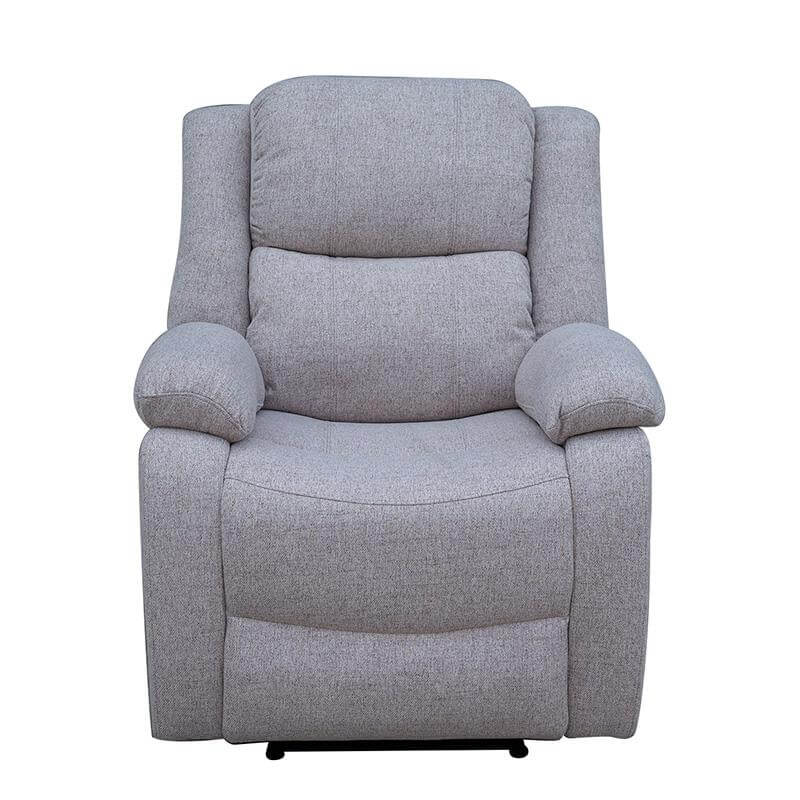 Sillón eléctrico reclinable en posición vertical, tapizado en tela beige y con cojines de alta densidad