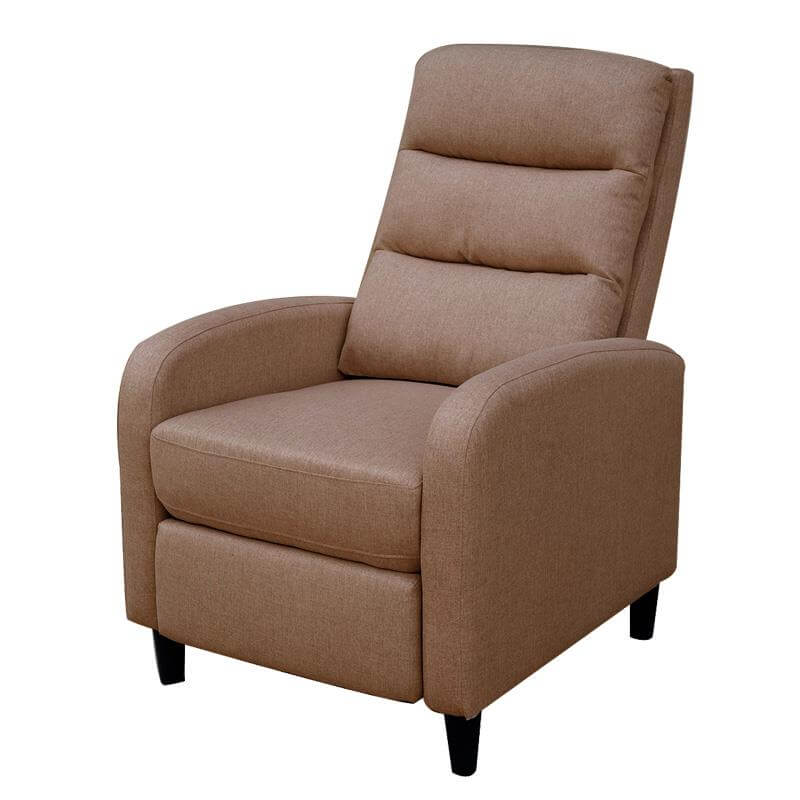 Sillón descanso relax reclinable en color marrón con reposabrazos ergonómicos y estructura de madera en posición vertica