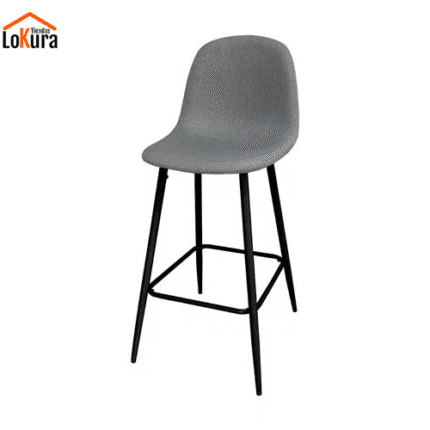 Taburete tapizado gris, patas metálicas negras, dimensiones L41,5 x F41,5 x A70,5/100, ideal para cocinas modernas