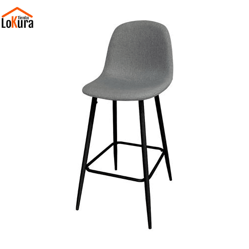 Taburete tapizado gris, patas metálicas negras, dimensiones L41,5 x F41,5 x A70,5/100, ideal para cocinas modernas