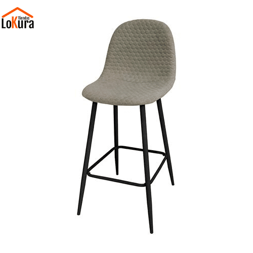 Taburetes tapizados en tela gris claro con patas metálicas negras, diseñado para mesas altas.