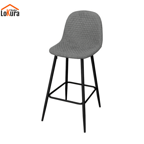Taburetes tapizados en tela gris oscuro con reposapiés integrado y patas negras, perfecto para comercios