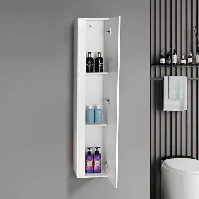 Interior de la columna auxiliar de baño en color blanco, con tres estantes para almacenamiento
