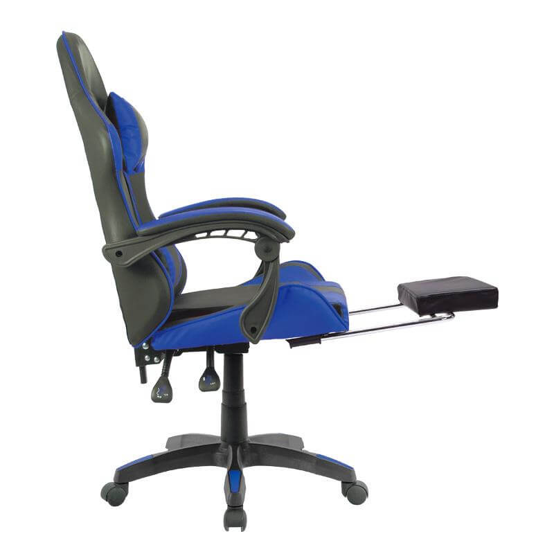 Vista lateral de la silla gaming con reposabrazos ajustables, reposapiés extendidos y diseño ergonómico en color negro y azul