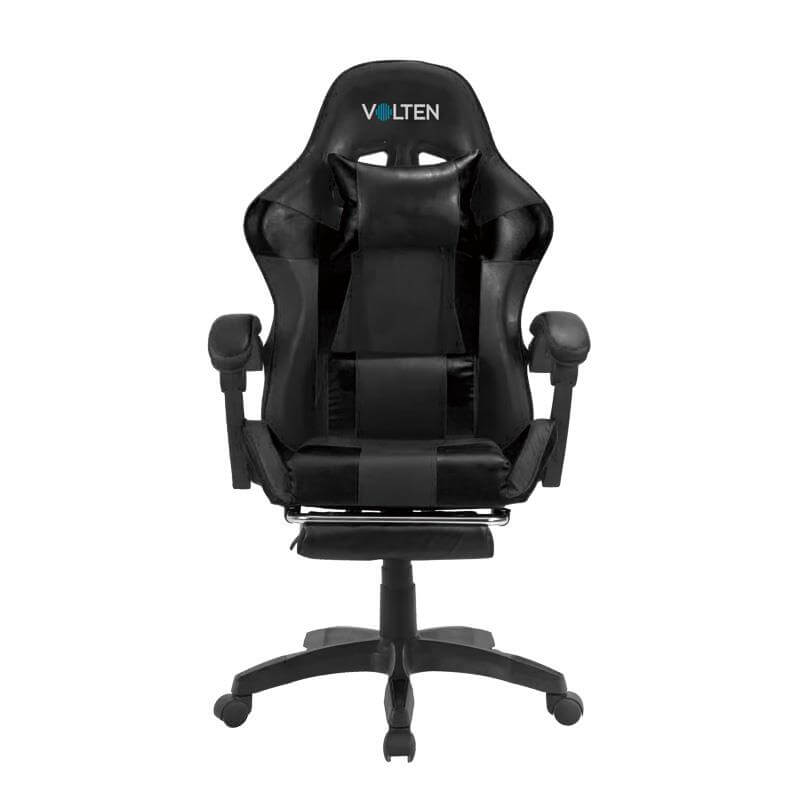 Diseño frontal de la silla gaming completamente negra, con base robusta, asiento acolchado y mecanismo ajustable