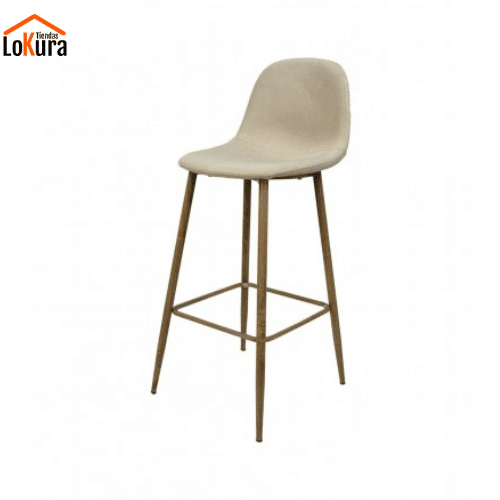 Banqueta alta tapizada en beige con respaldo acolchado, diseño elegante y patas color madera