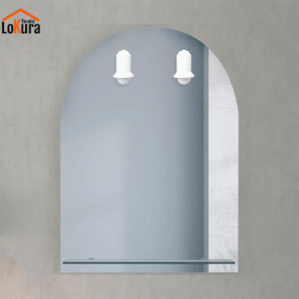 Espejo con luces baño de 60x80 cm, diseño semicircular con focos LED y repisa de cristal integrada, ideal para baños modernos
