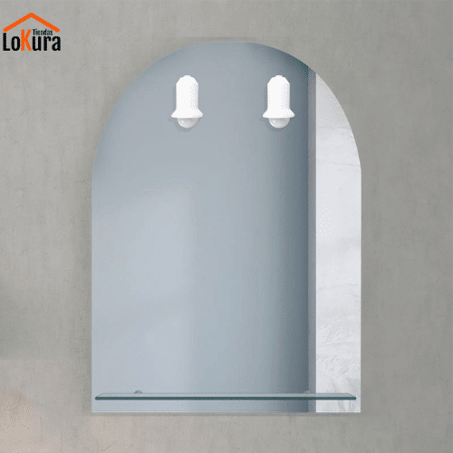 Espejo con luces baño de 60x80 cm, diseño semicircular con focos LED y repisa de cristal integrada, ideal para baños modernos