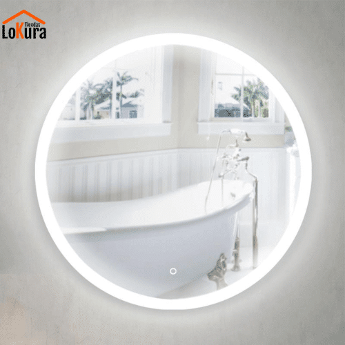 Espejo con luces redondo de 70x70 cm, modelo Malibu, con luz LED integrada y diseño moderno para baños.