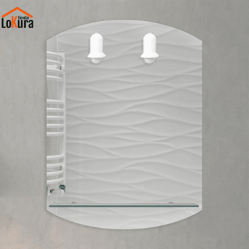 Espejo de baño con luz diseño de doble elipse, dos focos integrados y práctica repisa de cristal medidas de 60x80 cm
