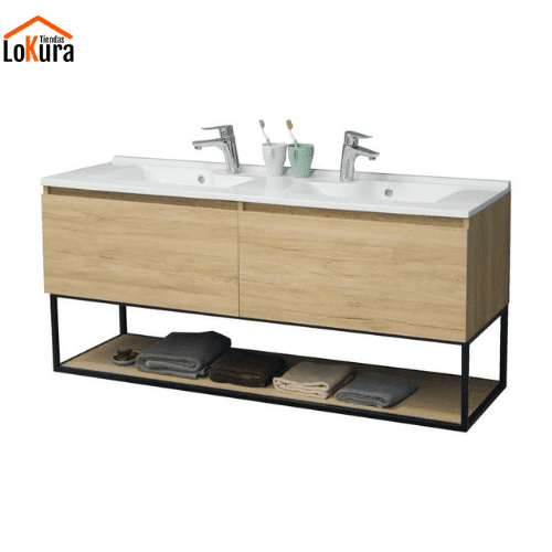 Mueble baño dos senos 140 cm suspendido con estante metálico negro – Serie Siena.