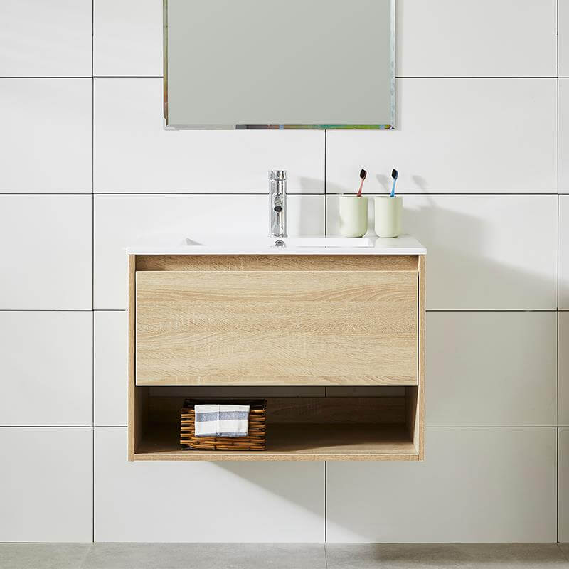 Mueble de baño color madera roble Serie Fortuna, diseño suspendido con cajón organizador y lavamanos cerámico