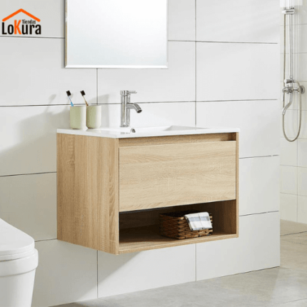 Mueble de baño color madera roble 60x46x50 cm, suspendido con lavamanos cerámico y cajón amplio