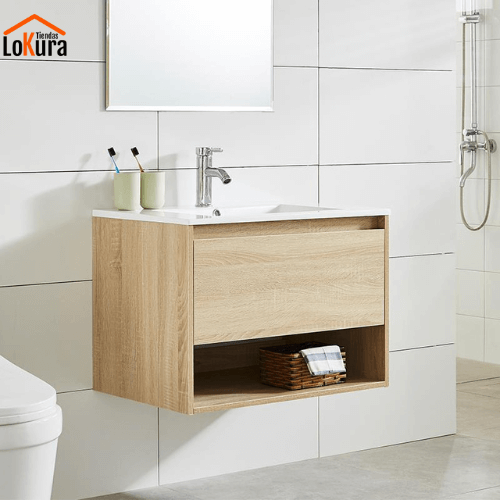 Mueble de baño color madera roble 60x46x50 cm, suspendido con lavamanos cerámico y cajón amplio