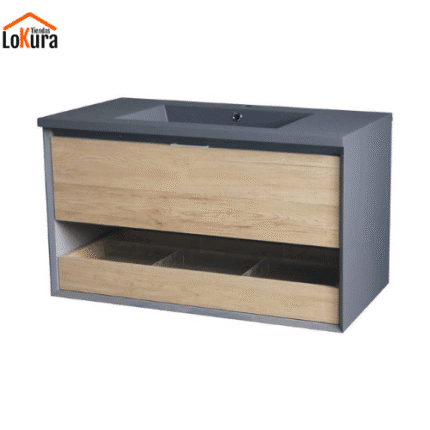 Mueble lavabo 90 cm suspendido con lavabo gris mate y acabado en madera haya, ideal para baños modernos