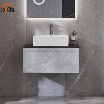 Mueble lavabo gris Serie Pax con lavamanos cerámico en gris oscuro y diseño suspendido