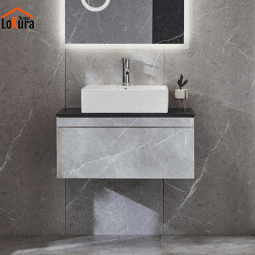 Mueble lavabo gris Serie Pax con lavamanos cerámico en gris oscuro y diseño suspendido