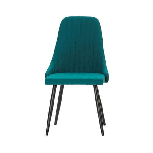 Sillas de comedor tela color turquesa modelo Mina, con patas negras y estilo cómodo.