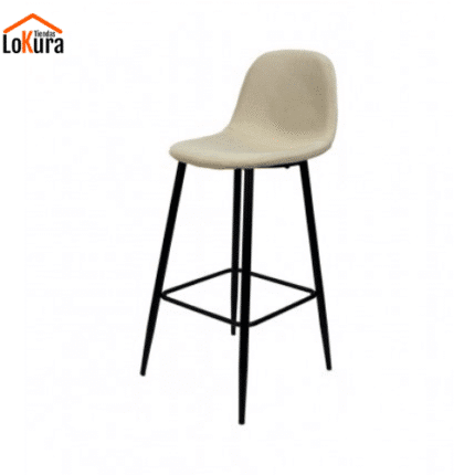 Taburete con patas negras y tapizado beige, diseño moderno con respaldo alto
