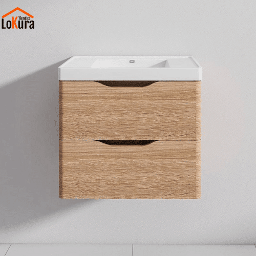 gabinete para lavabo de baño suspendido en haya, 60x42x53 cm, cajones amplios y lavamanos de resina