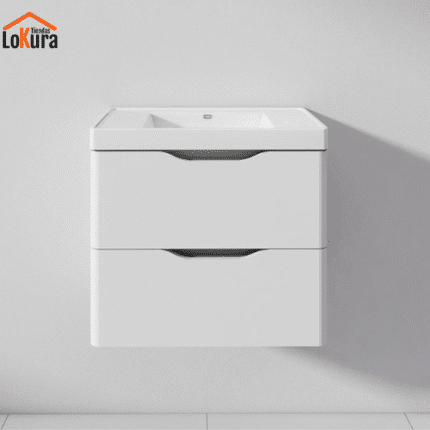 Gabinete para lavabo de baño suspendido en color blanco, con lavamanos de resina y cajones amplios